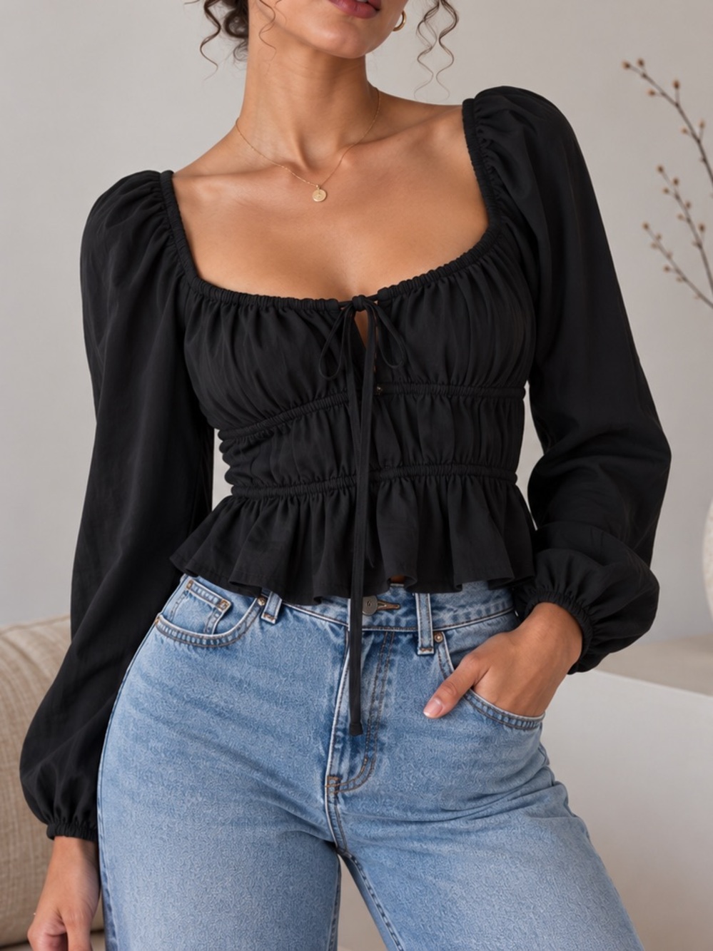 Black Peasant Blouse - Classic Smocked Waist Top